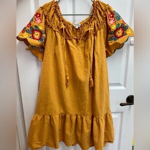 DAVI & DANI Mustard Midi Dress with Floral Sleeves